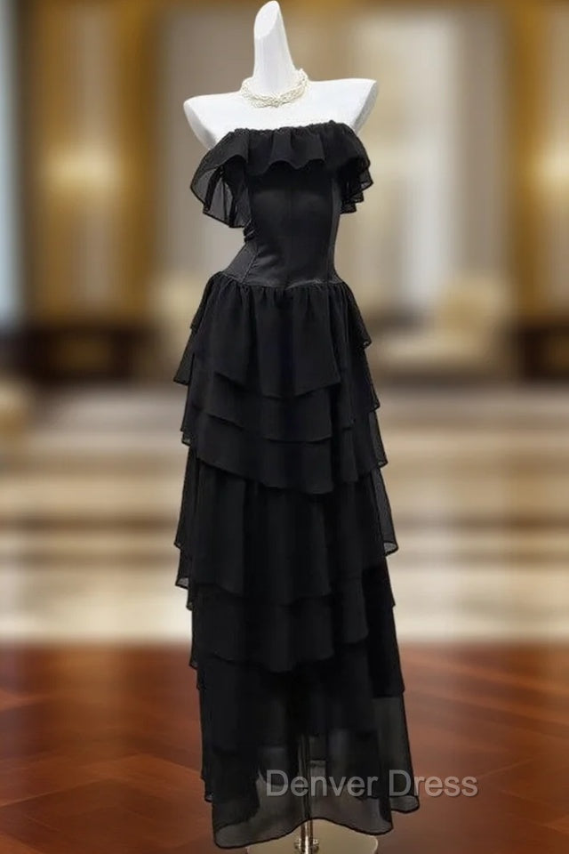Elegant Black Strapless A-Line Layered Chiffon Long Prom Dresses Graduation Prom Dresses Main image