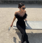 Elegant Black Strapless Feather Satin Bodycon Long Prom Dresses Evening Dresses