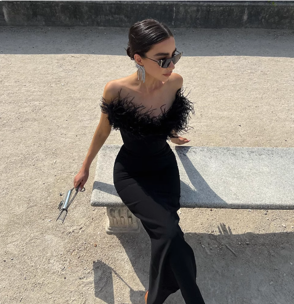 Elegant Black Strapless Feather Satin Bodycon Long Prom Dresses Evening Dresses
