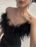 Elegant Black Strapless Feather Satin Bodycon Long Prom Dresses Evening Dresses