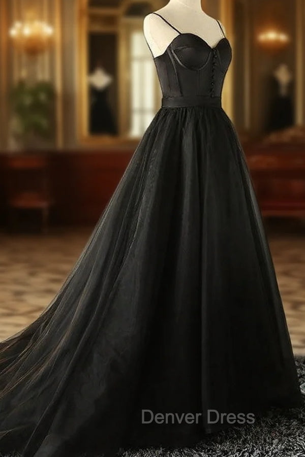 Elegant Black Straps Tulle Sweetheart Prom Dress, Black Prom Dresses