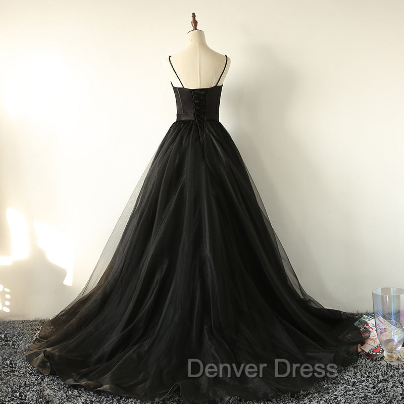 Elegant Black Straps Tulle Sweetheart Prom Dress, Black Prom Dresses