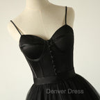 Elegant Black Straps Tulle Sweetheart Prom Dresses, Black Party Dresses