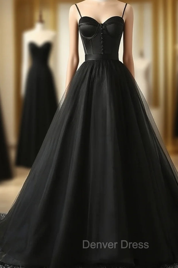 Elegant Black Straps Tulle Sweetheart Prom Dresses, Black Party Dresses Main image