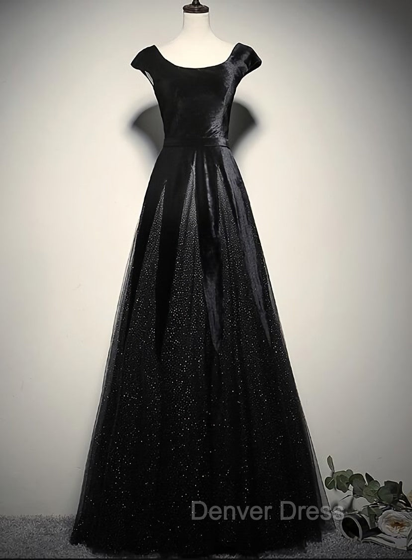 Elegant Black Velvet Cap Sleeves Prom Dress, Black Prom Dresses