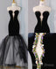 Elegant Black Velvet Mermaid Strapless Beaded Long Prom Dress Tulle Formal Evening Dress