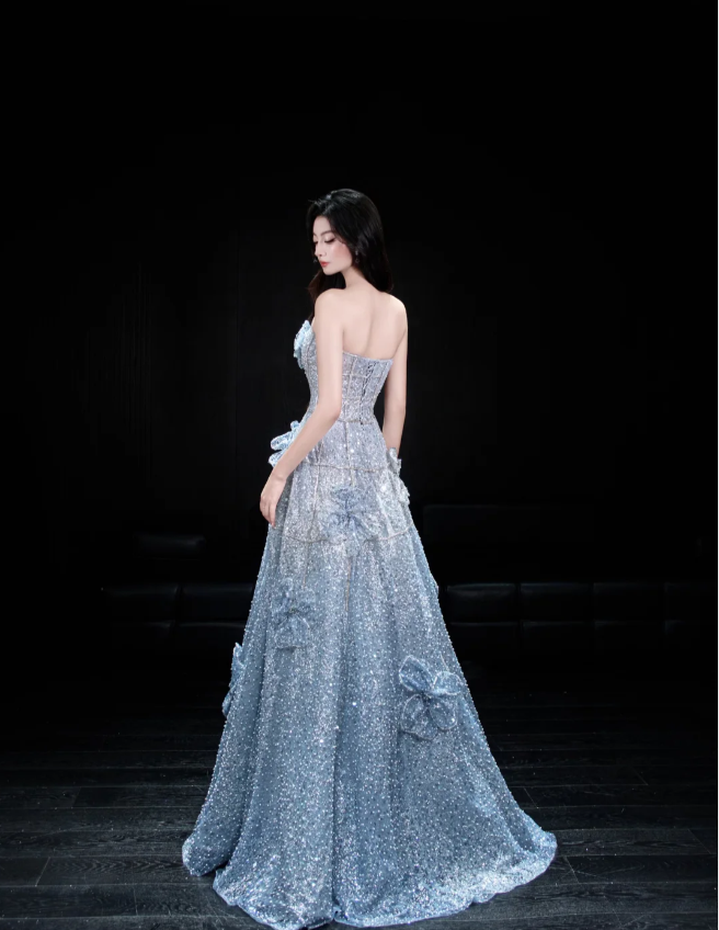 Elegant Blue A-Line Strapless 3D Floral Sequined Tulle Long Prom Dresses Evening Dresses