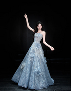 Elegant Blue A-Line Strapless 3D Floral Sequined Tulle Long Prom Dresses Evening Dresses