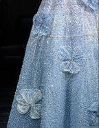 Elegant Blue A-Line Strapless 3D Floral Sequined Tulle Long Prom Dresses Evening Dresses