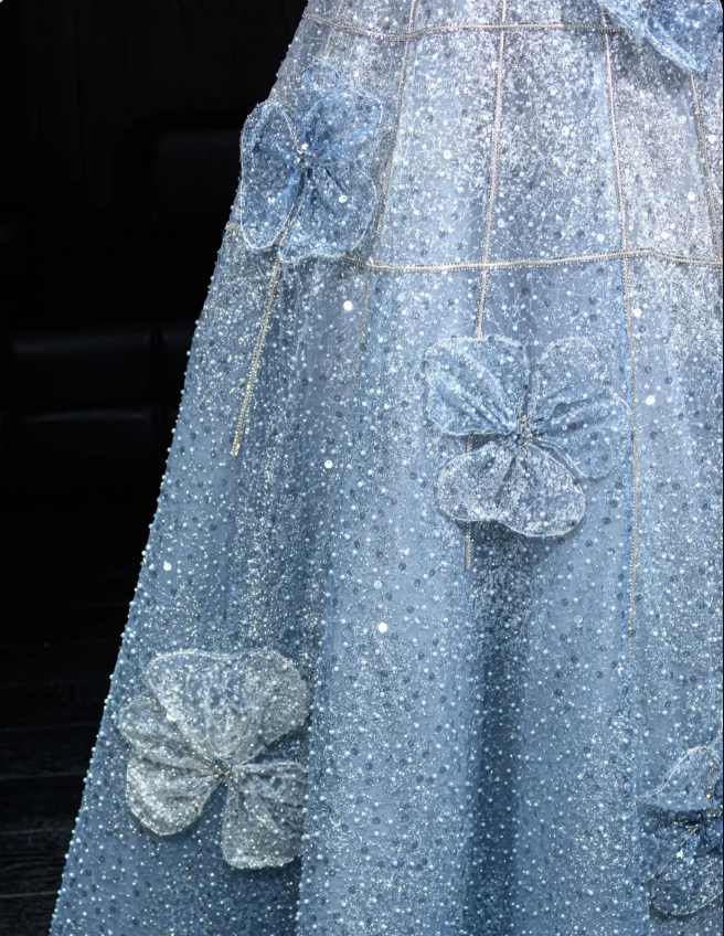 Elegant Blue A-Line Strapless 3D Floral Sequined Tulle Long Prom Dresses Evening Dresses