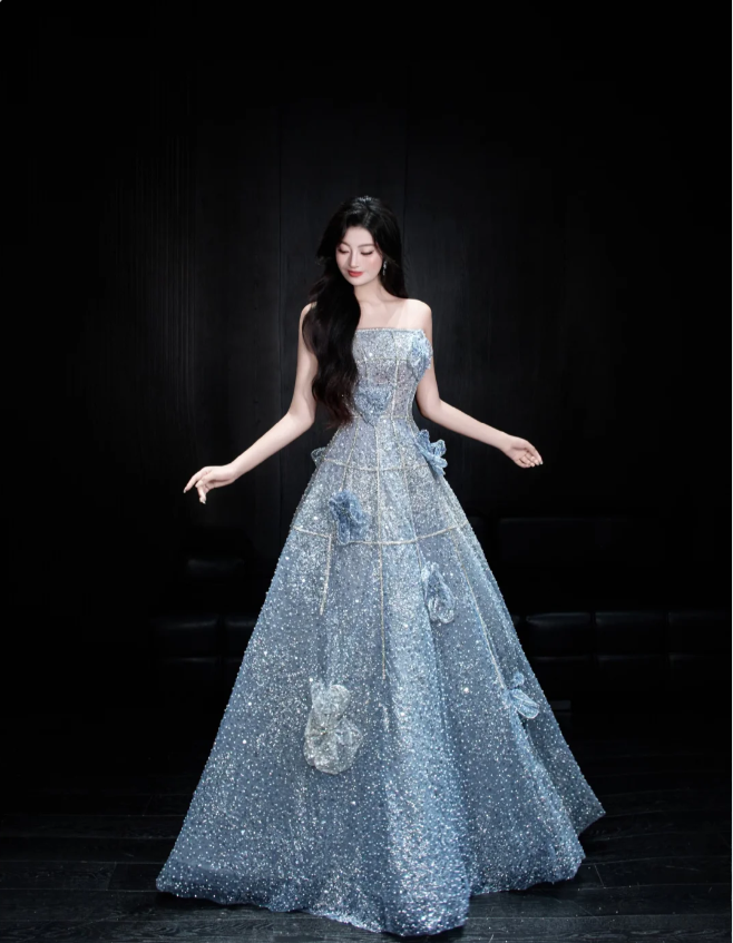 Elegant Blue A-Line Strapless 3D Floral Sequined Tulle Long Prom Dresses Evening Dresses Main image