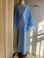 Elegant Blue Halter Neck Mermaid Satin Long Prom Dresses Evening Dresses