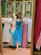 Elegant Blue Irregular Deep V Halter Beaded Chiffon Prom Dresses Evening Dresses