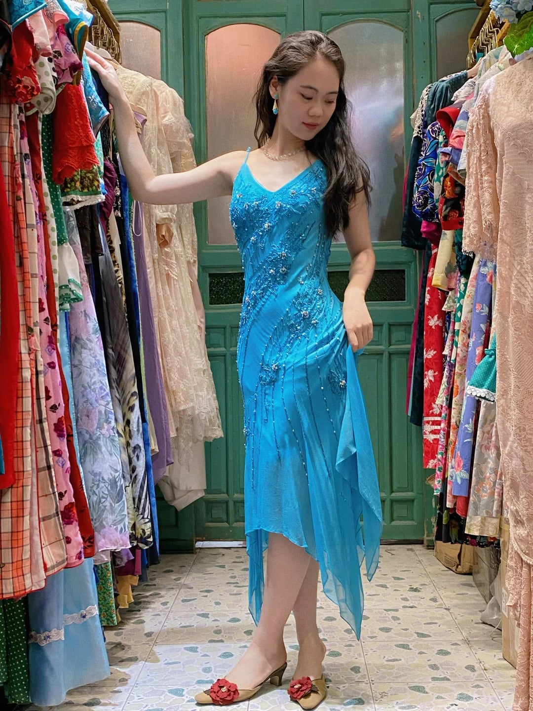 Elegant Blue Irregular Deep V Halter Beaded Chiffon Prom Dresses Evening Dresses