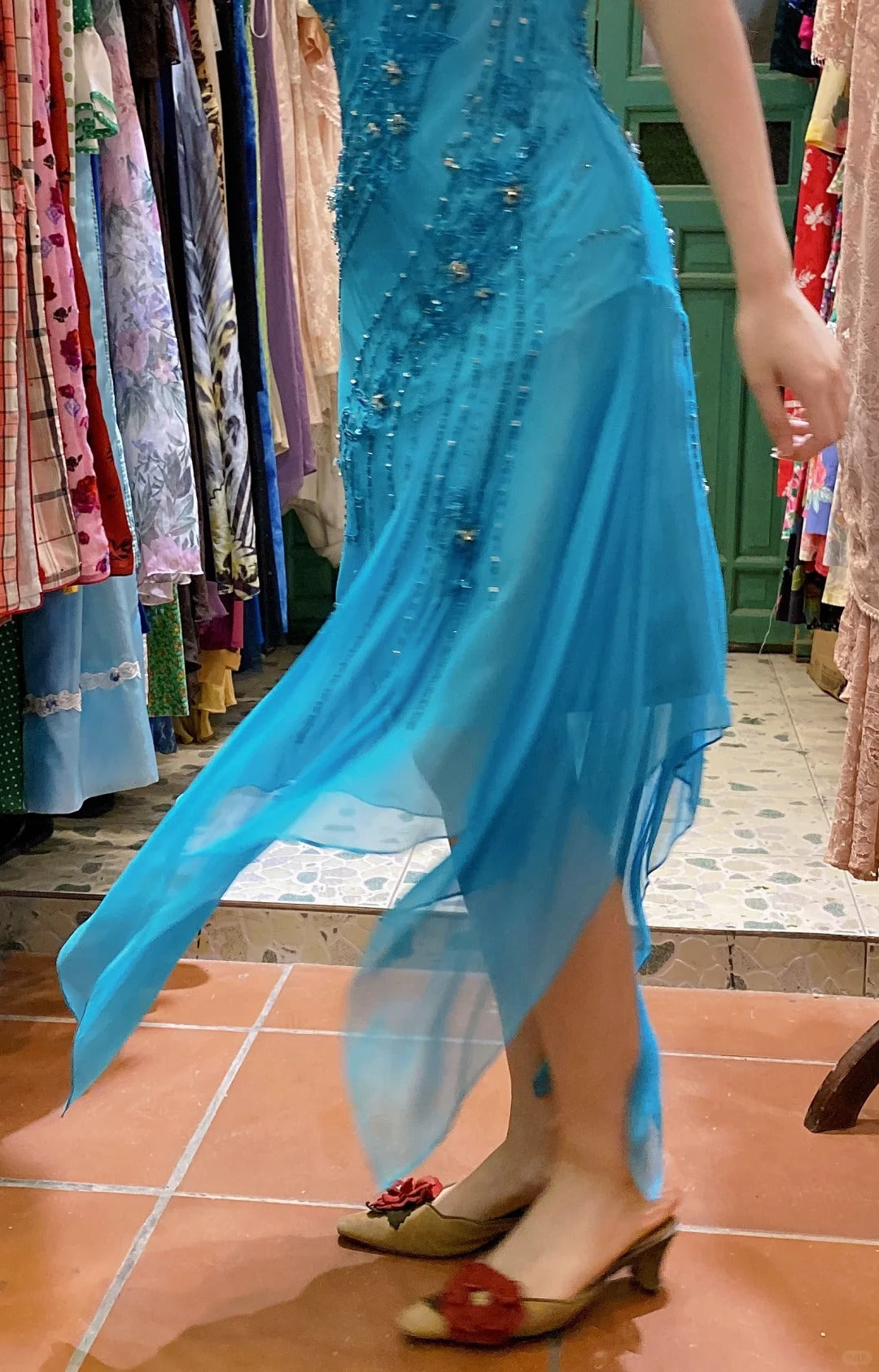 Elegant Blue Irregular Deep V Halter Beaded Chiffon Prom Dresses Evening Dresses