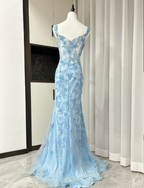 Elegant Blue Mermaid Butterfly Embroidered Long Prom Dresses Evening Dresses