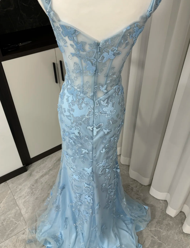 Elegant Blue Mermaid Butterfly Embroidered Long Prom Dresses Evening Dresses