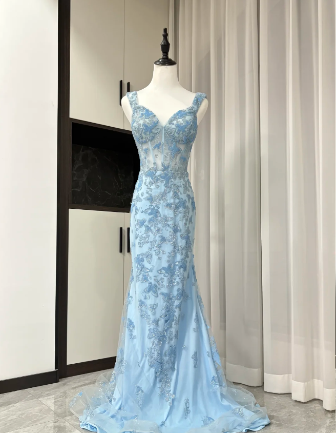 Elegant Blue Mermaid Butterfly Embroidered Long Prom Dresses Evening Dresses