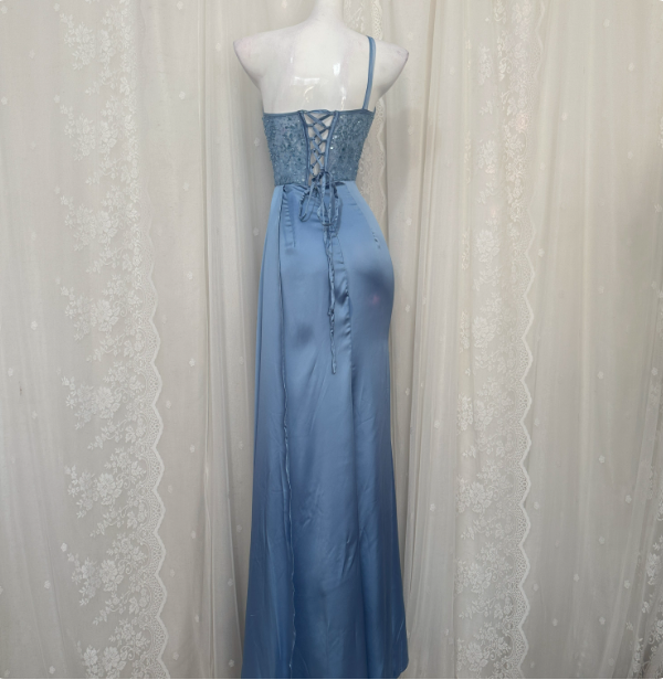 Elegant Blue Mermaid One-Shoulder Sequin Beaded Long Prom Dresses Evening Dresses