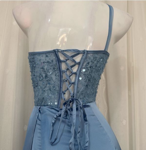 Elegant Blue Mermaid One-Shoulder Sequin Beaded Long Prom Dresses Evening Dresses