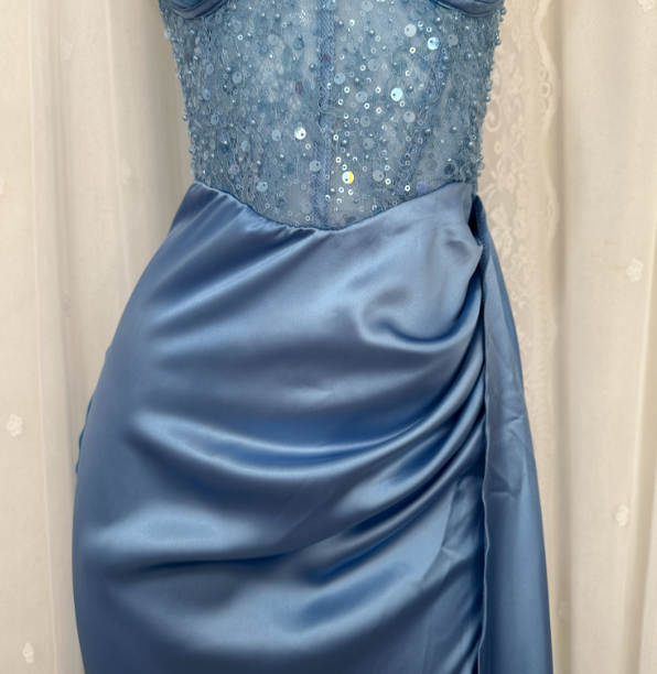 Elegant Blue Mermaid One-Shoulder Sequin Beaded Long Prom Dresses Evening Dresses