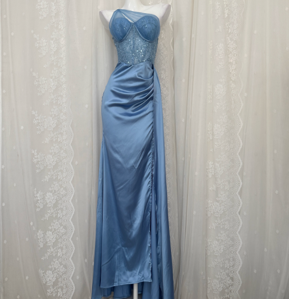 Elegant Blue Mermaid One-Shoulder Sequin Beaded Long Prom Dresses Evening Dresses