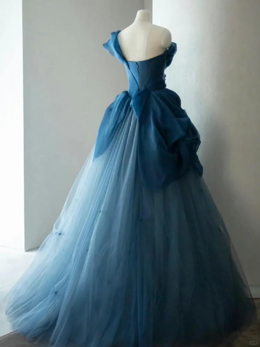 Elegant Blue One Shoulder Tulle Floor Length Wedding Dress Secondary image