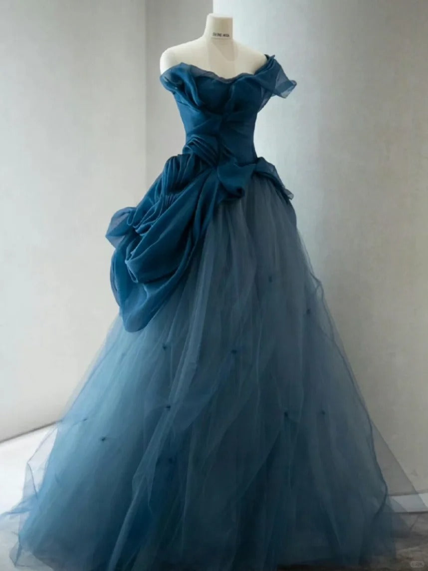 Elegant Blue One Shoulder Tulle Floor Length Wedding Dress Main image