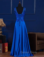 Elegant Blue Satin A Line Long Prom Dress , Bridesmaid Dresses for Sale