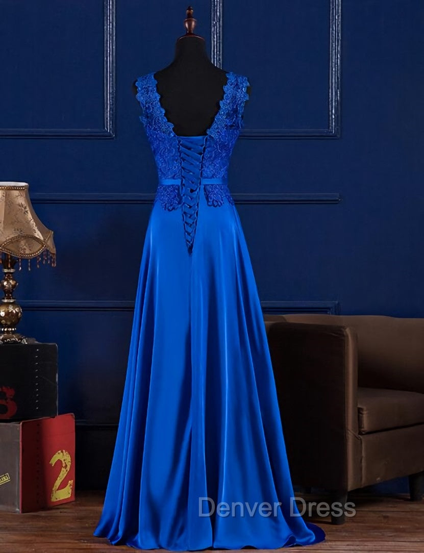 Elegant Blue Satin A Line Long Prom Dress , Bridesmaid Dresses for Sale