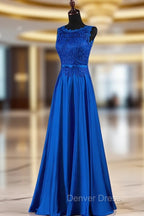 Elegant Blue Satin A-line Long Prom Dresses , Bridesmaid Dresses for Sale