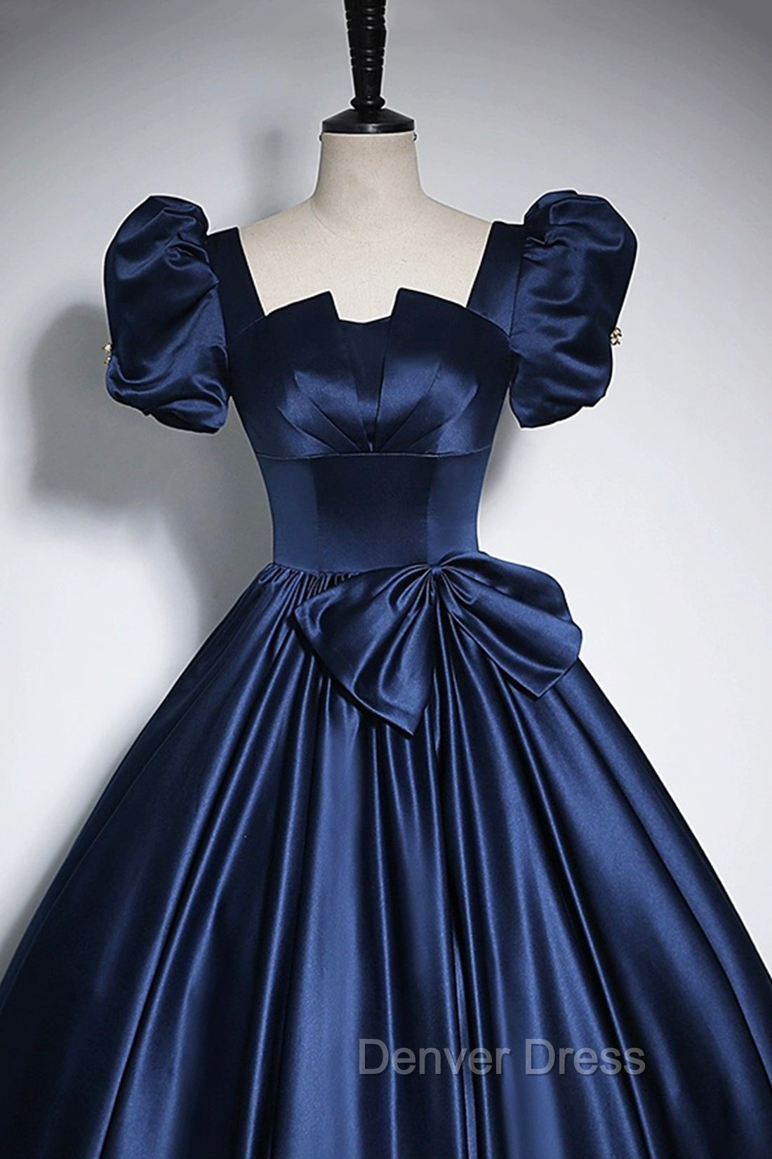 Elegant Blue Satin Prom Dresses, Square Neckline Puffy Short Sleeve Bow Backless Floor-Length Formal Dresses Secondary image