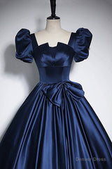 Elegant Blue Satin Prom Dresses, Square Neckline Puffy Short Sleeve Bow Backless Floor-Length Formal Dresses