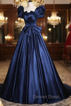 Elegant Blue Satin Prom Dresses, Square Neckline Puffy Short Sleeve Bow Backless Floor-Length Formal Dresses