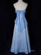 Elegant Blue Satin Spaghetti Straps Prom Gowns A Line Long Prom Dress