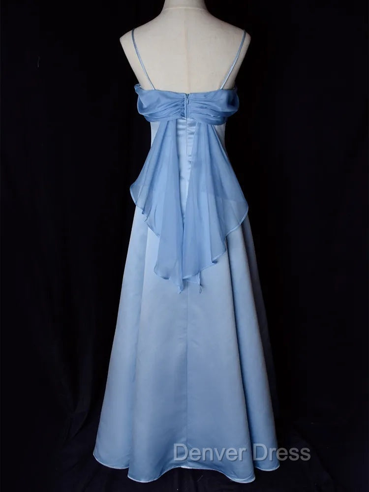 Elegant Blue Satin Spaghetti Straps Prom Gowns A Line Long Prom Dress
