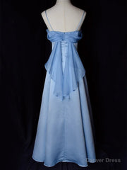 Elegant Blue Satin Spaghetti Straps Evening Gown A Line Long Party Dress Prom Dress