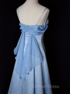 Elegant Blue Satin Spaghetti Straps Prom Gowns A Line Long Prom Dress