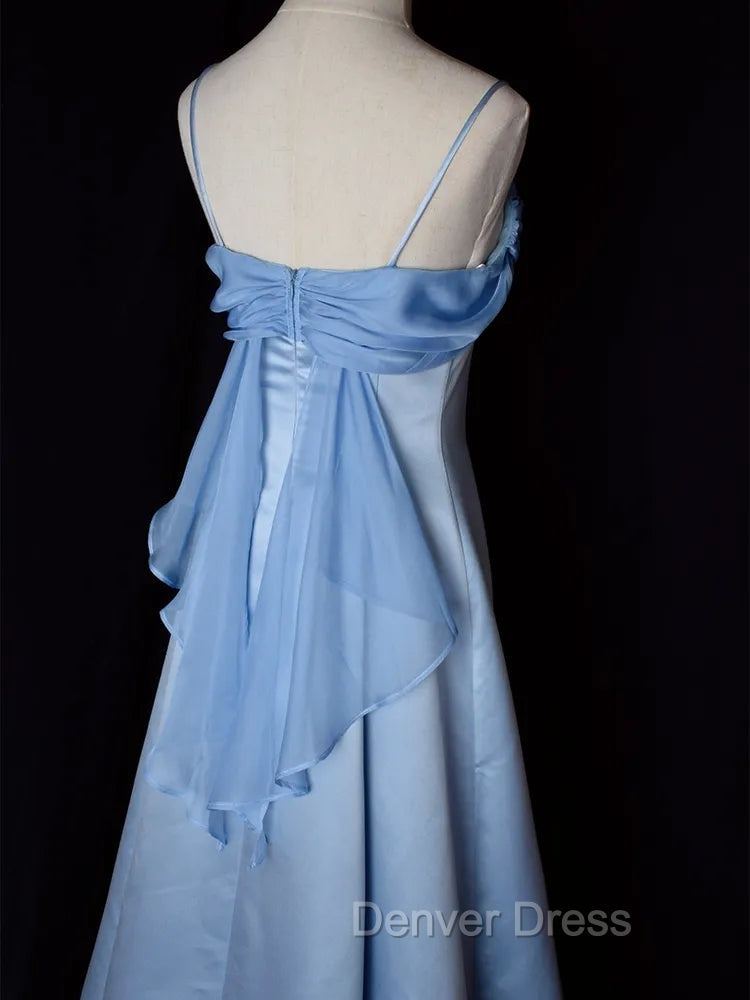 Elegant Blue Satin Spaghetti Straps Prom Gowns A Line Long Prom Dress