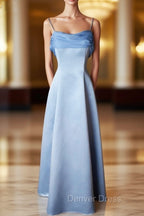 Elegant Blue Satin Spaghetti Straps Evening Gown A Line Long Party Dresses Prom Dresses