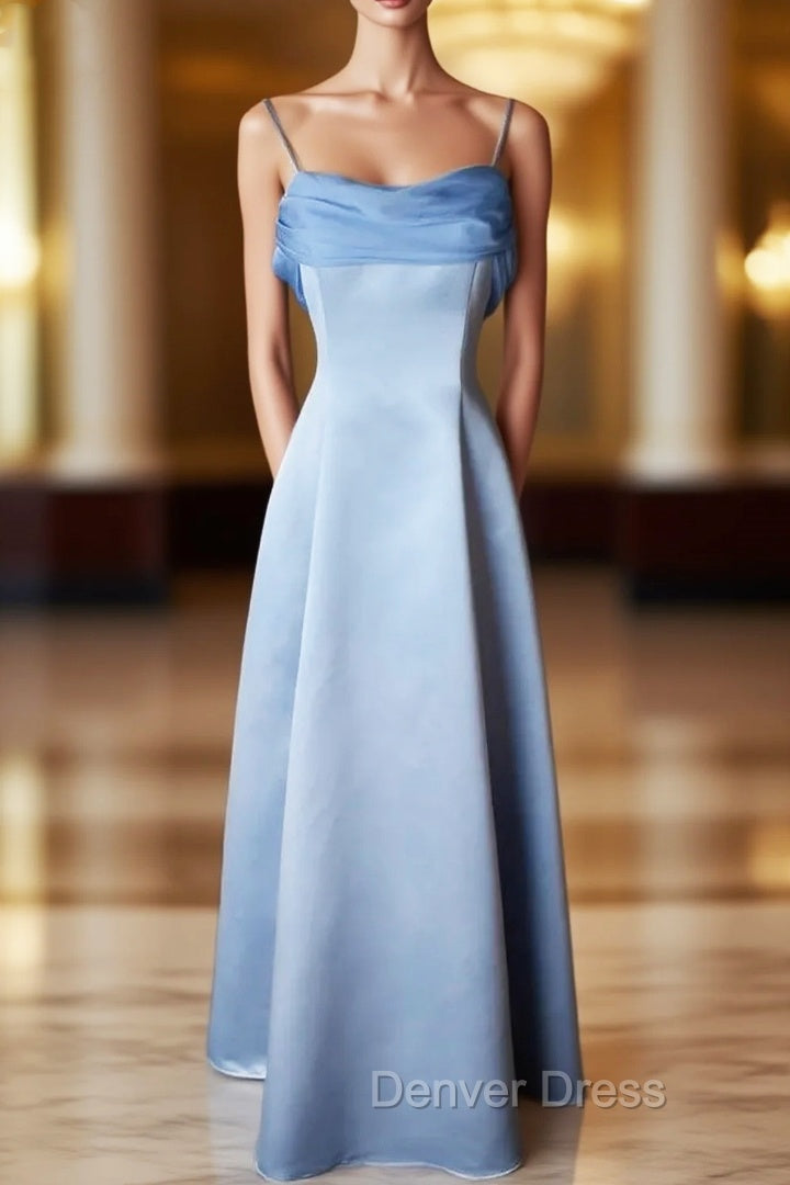 Elegant Blue Satin Spaghetti Straps Evening Gown A Line Long Party Dresses Prom Dresses
