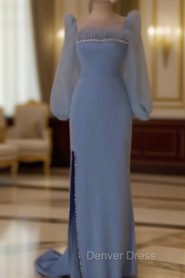 Elegant Blue Sequins Feathers Prom Dress Long Slit Prom Dresses Prom Gowns Main image