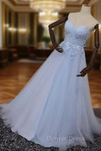 Elegant Blue Tulle Sweetheart Party Dresses Formal Dresses, Blue Lace Applique Prom Dresses 2025