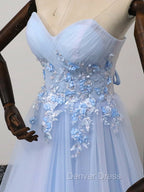 Elegant Blue Tulle Sweetheart Party Dresses Formal Dresses, Blue Lace Applique Prom Dresses 2025
