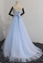 Elegant Blue Tulle Sweetheart Party Dresses Formal Dresses, Blue Lace Applique Prom Dresses 2025