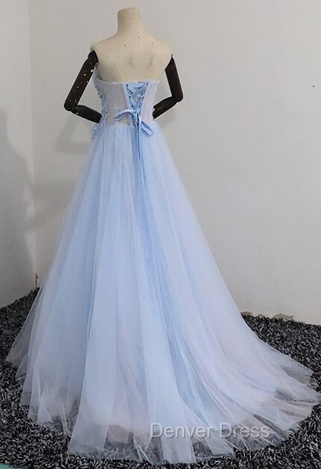 Elegant Blue Tulle Sweetheart Party Dresses Formal Dresses, Blue Lace Applique Prom Dresses 2025