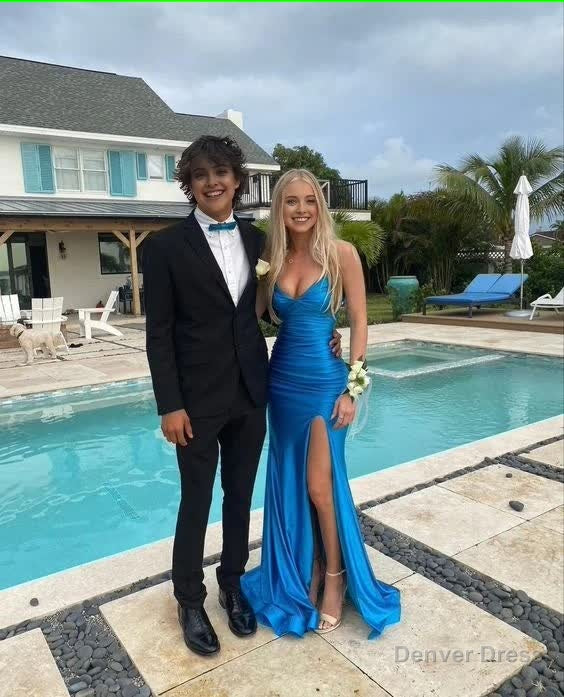 Elegant Blue V Neck Prom Dress With Split,Blue Prom Dresses