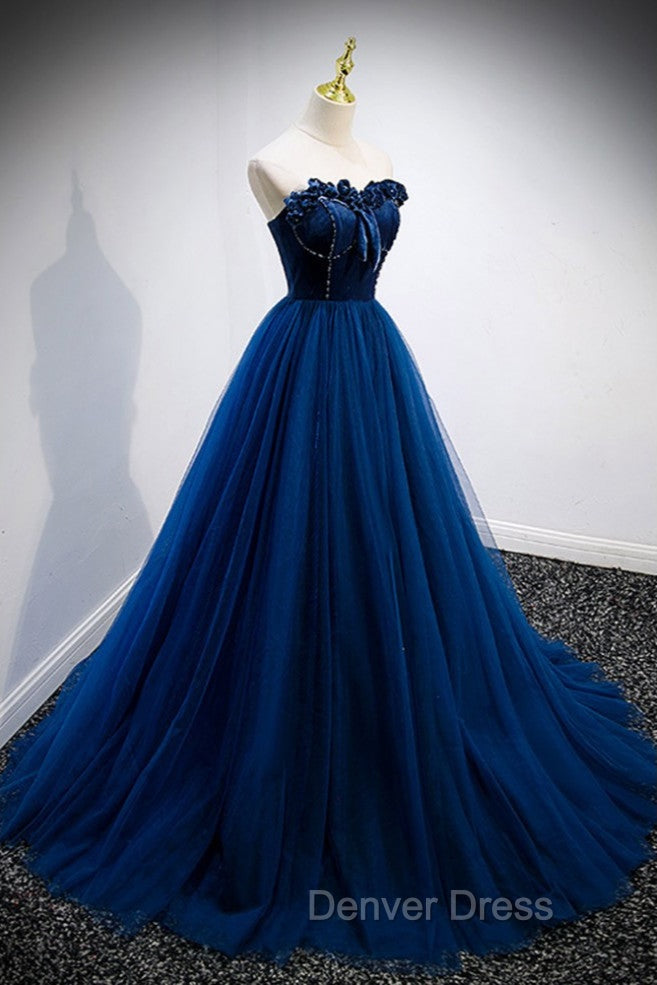 Elegant Blue Velvet And Tulle Long Prom Dresses Strapless