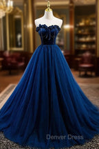 Elegant Blue Velvet And Tulle Long Prom Dresses Strapless