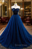 Elegant Blue Velvet And Tulle Long Prom Dresses Strapless